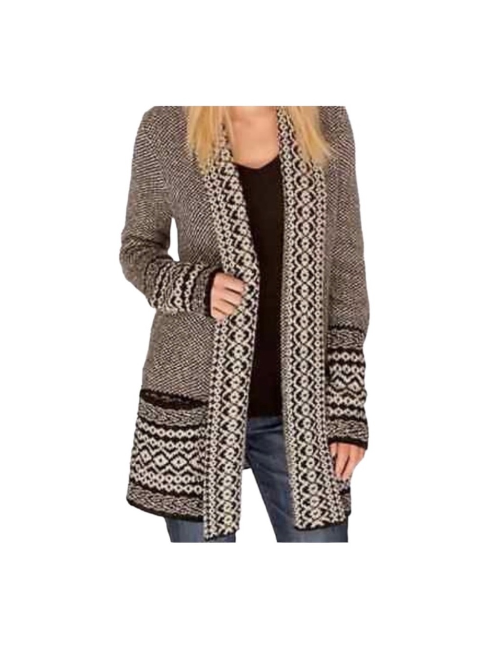 Lucky Brand Long Textured Knit Cardigan Duster M Cozy Casual Black and White